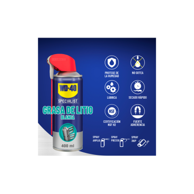 WD-40 Grasa de Litio blanca íconos y beneficios